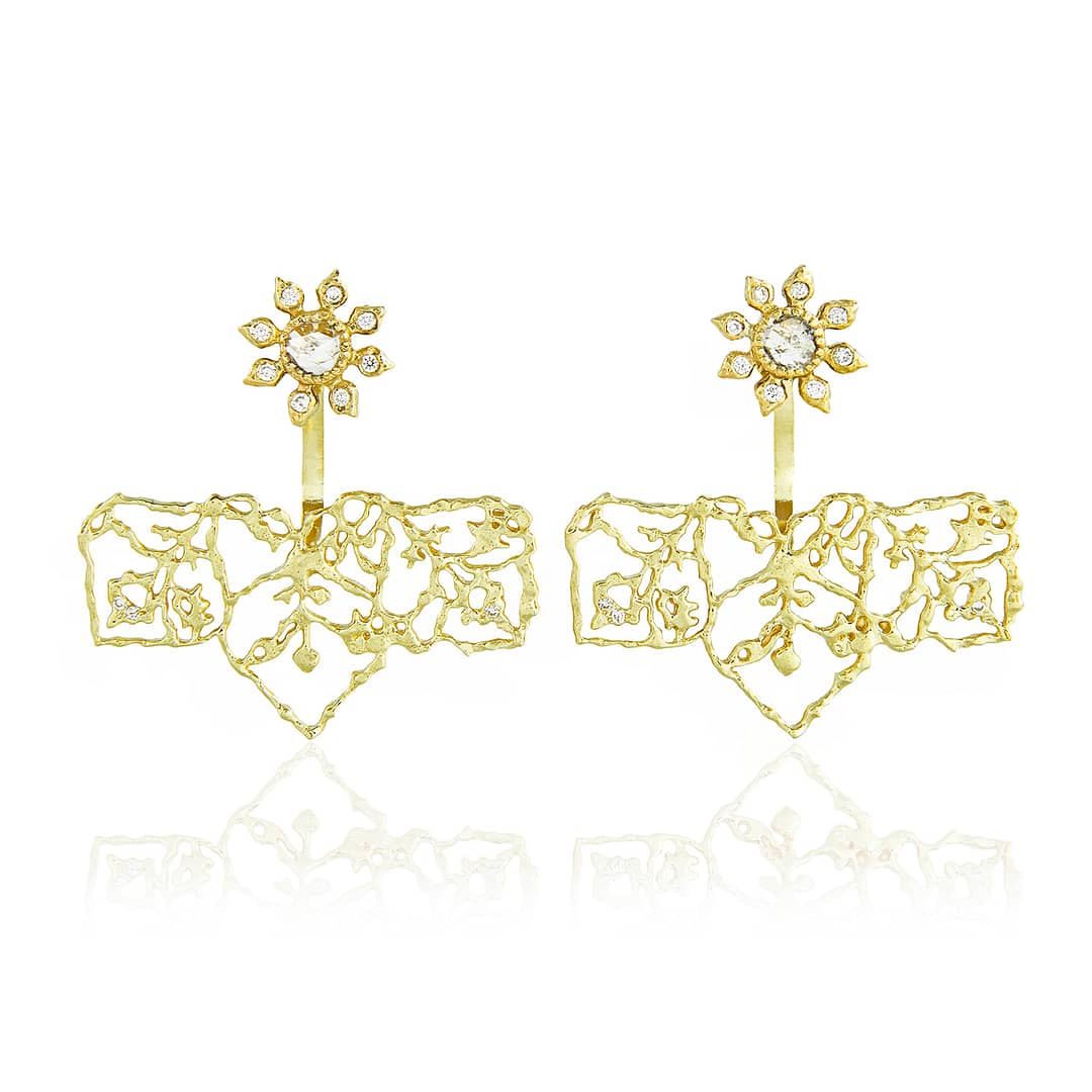 Natalie Perry, Diamond Flower Straight Ear Jackets in 18ct Fairtrade Gold jewellery