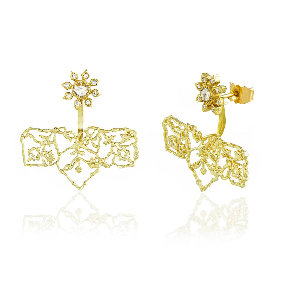 Natalie Perry, Diamond Flower Straight Ear Jackets in 18ct Fairtrade Gold jewellery (2)