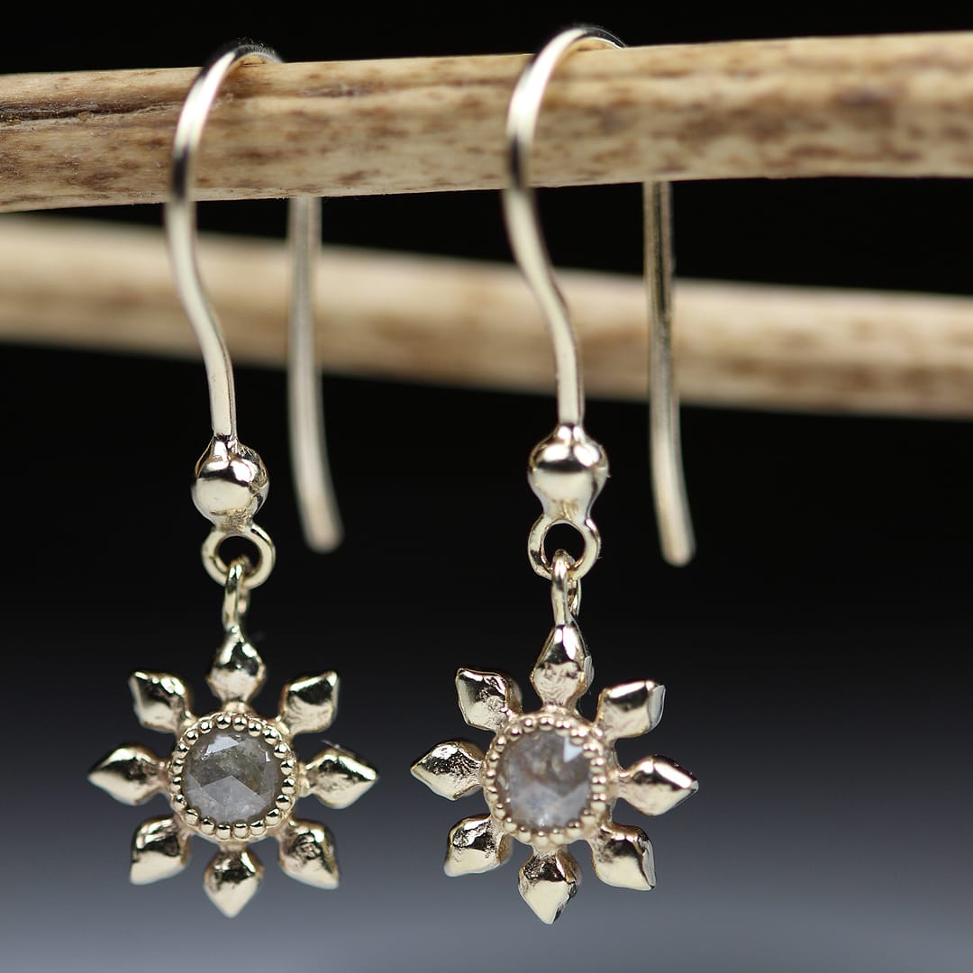 Natalie Perry Jewellery, Diamond Flower Hook Earrings in 9ct recycled gold