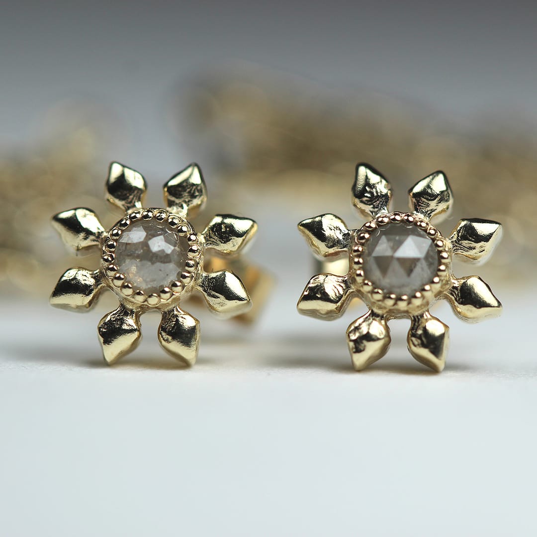 Natalie Perry Jewellery, Diamond Flower Studs in 9ct recycled gold with conflict-free ethical diamonds