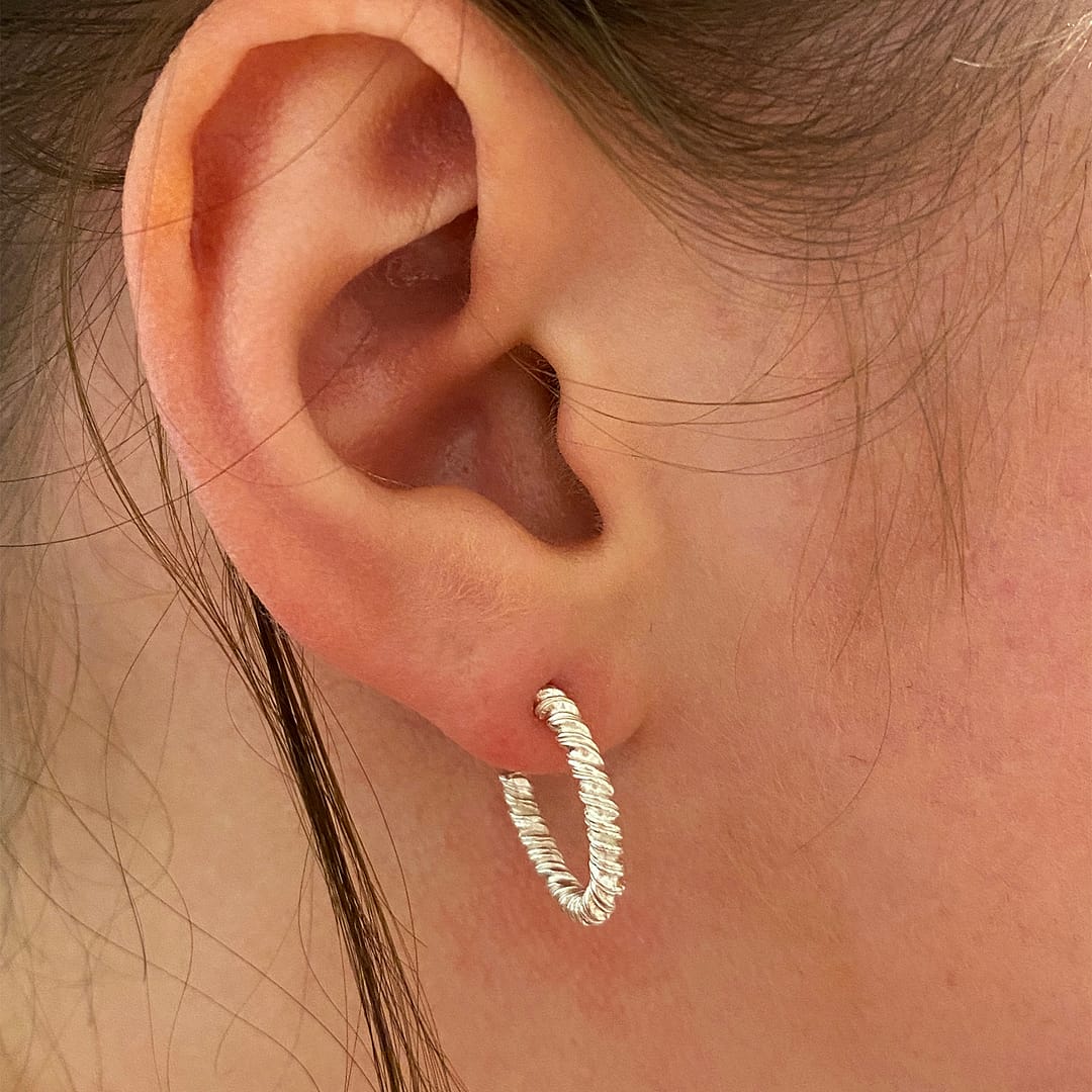 Natalie Perry Jewellery Small Organic Twisted Silver Pearl Hoop Earrings