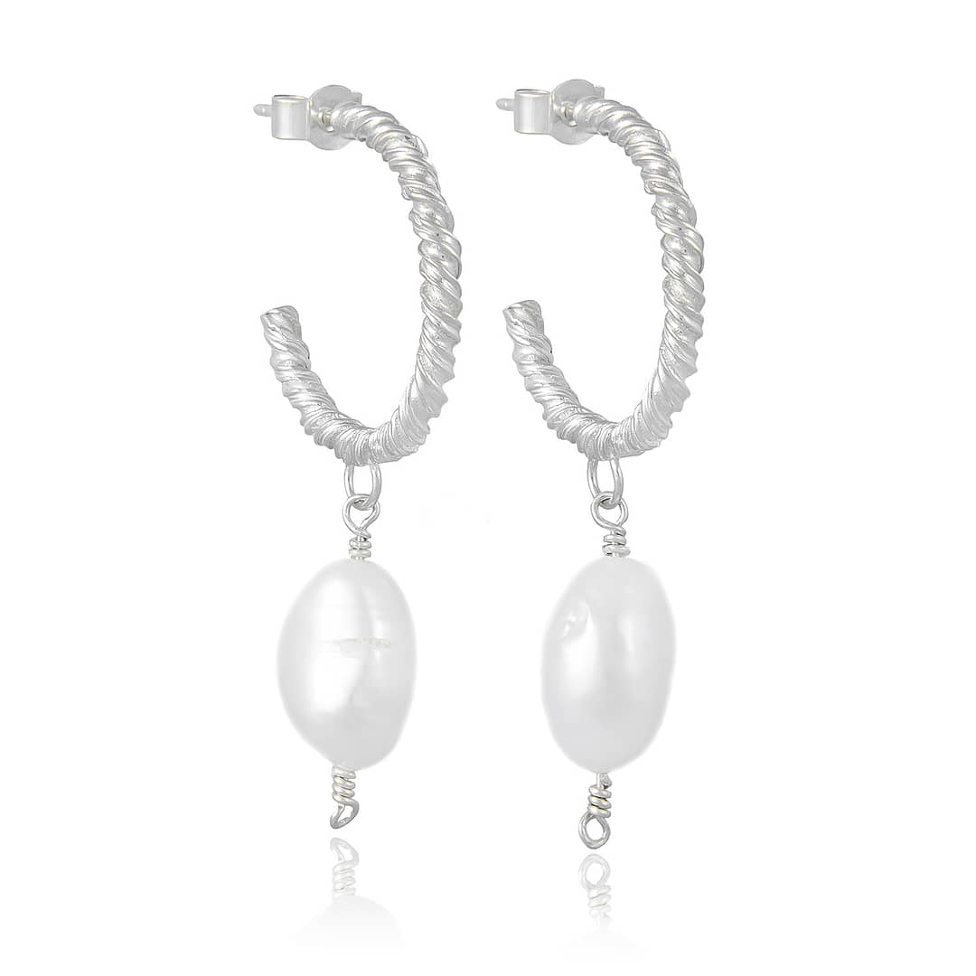 Natalie Perry Jewellery, Medium Silver Organic Twisted Pearl Hoop Earrings
